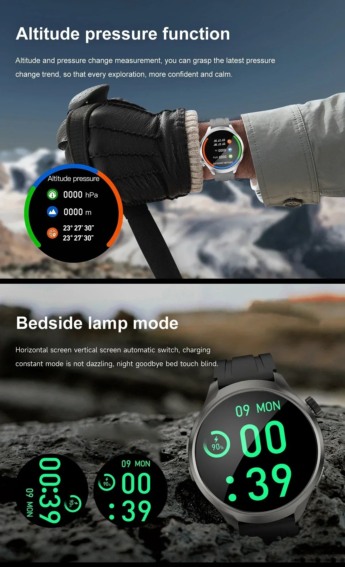 Men's Ultrafil Smartwatch with altitude pressure function and bedside lamp mode, featuring AMOLED display and health monitoring.