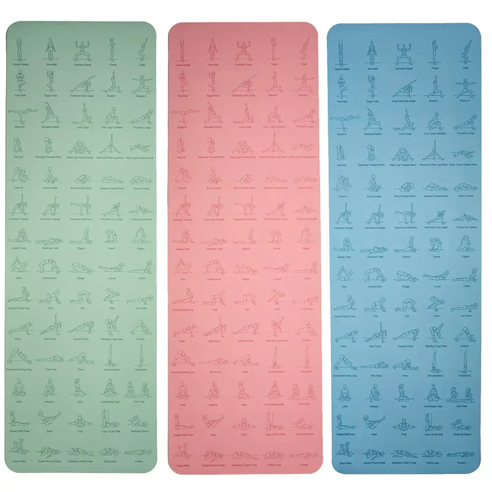 Eco-friendly TPE yoga and fitness mats in green, pink, and blue with exercise illustrations.