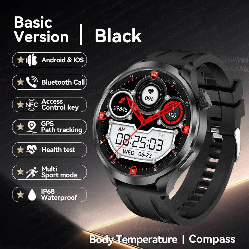 UltraFit Pro 2024 Men's Smartwatch with NFC, health monitoring, GPS, AMOLED display, and stylish black design.