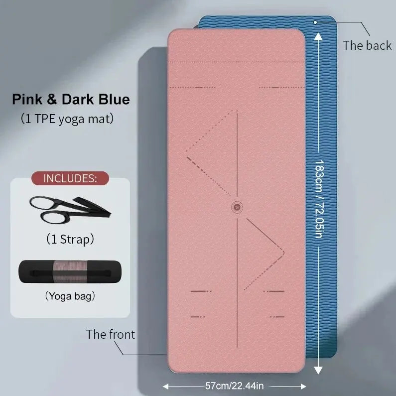 WESTTUNE Yoga Mat in pink and dark blue with non-slip and eco-friendly features, includes carrying strap and bag.
