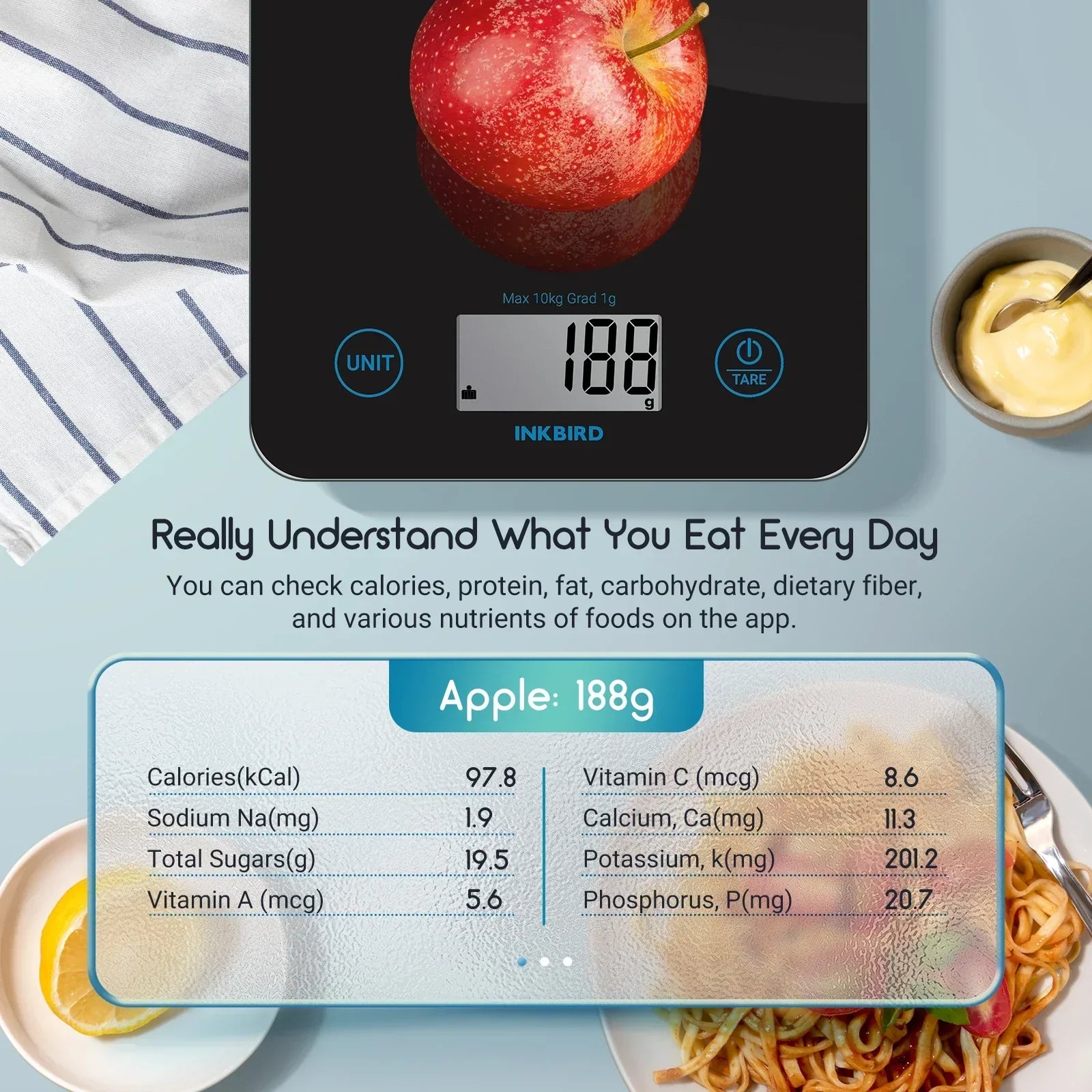 INKBIRD Smart Food Scale with Bluetooth for precise nutrition and calorie tracking via app.