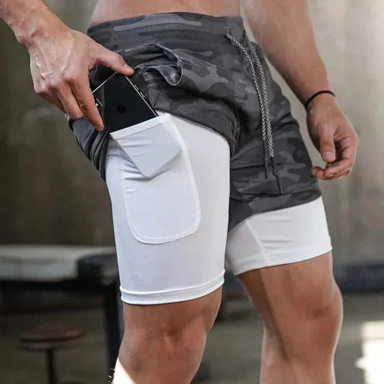 Men's camo 2-in-1 running shorts with quick-dry fabric and functional pockets, ideal for gym and workout.