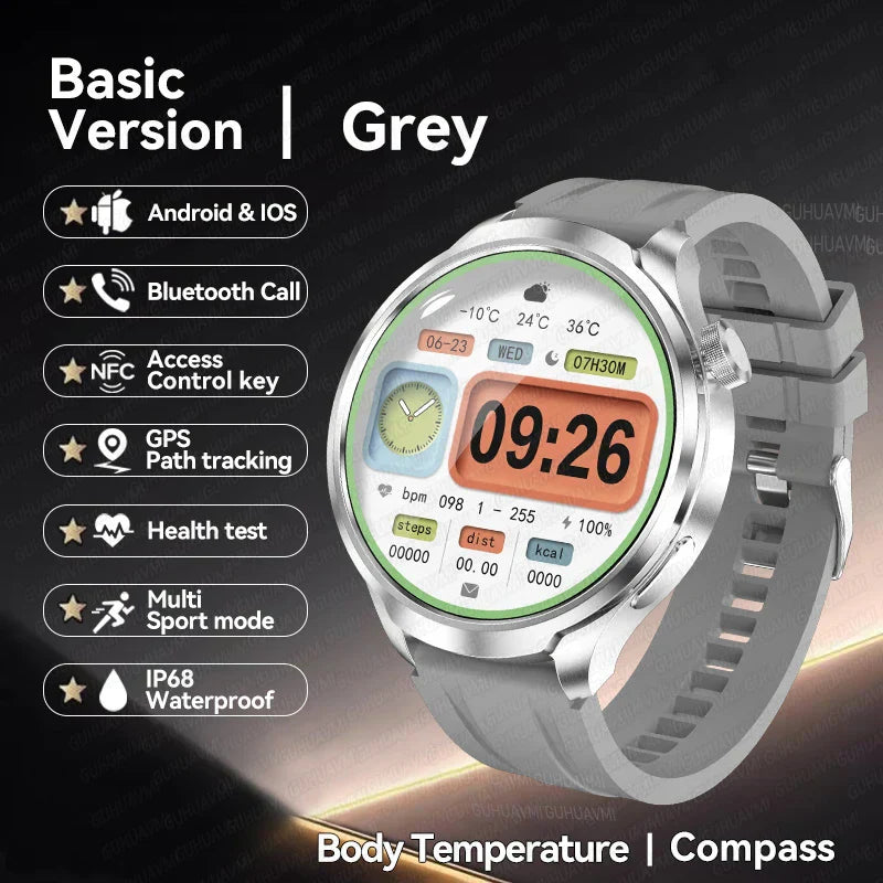 UltraFit Pro 2024 Men's Smartwatch in grey, featuring AMOLED display, NFC, GPS, and health monitoring.