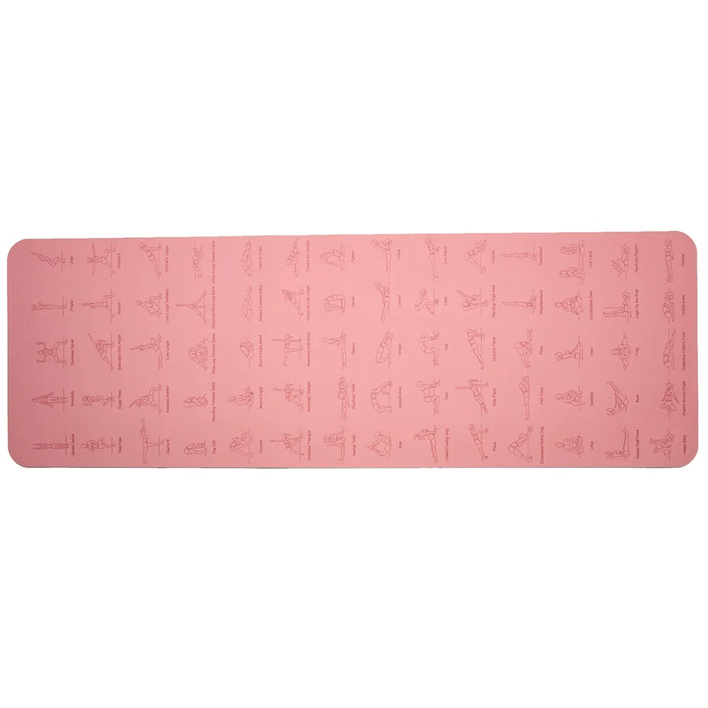 Eco-friendly TPE yoga and fitness mat, pink, with exercise illustrations.