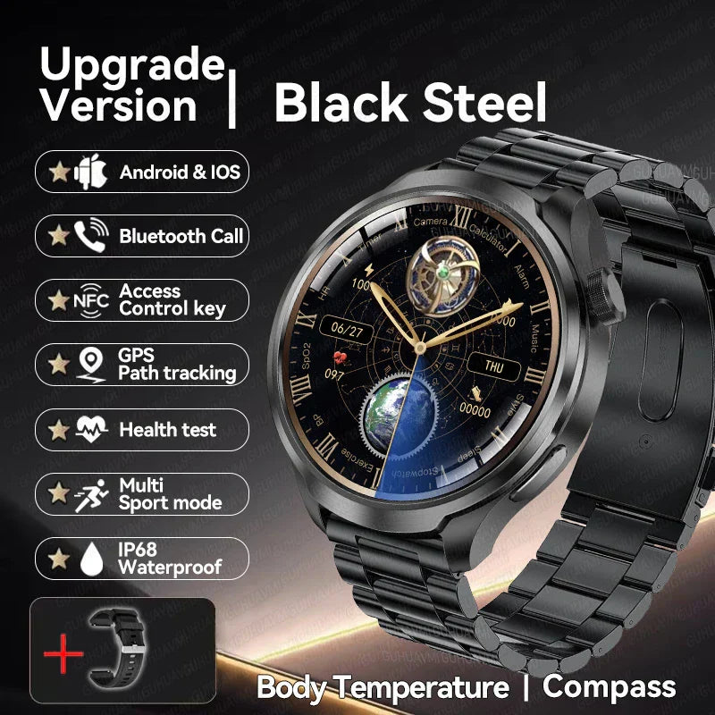UltraFit Pro 2024 Men's Smartwatch in black steel, featuring AMOLED display, NFC, GPS tracking, health monitoring, and multi-sport mode.
