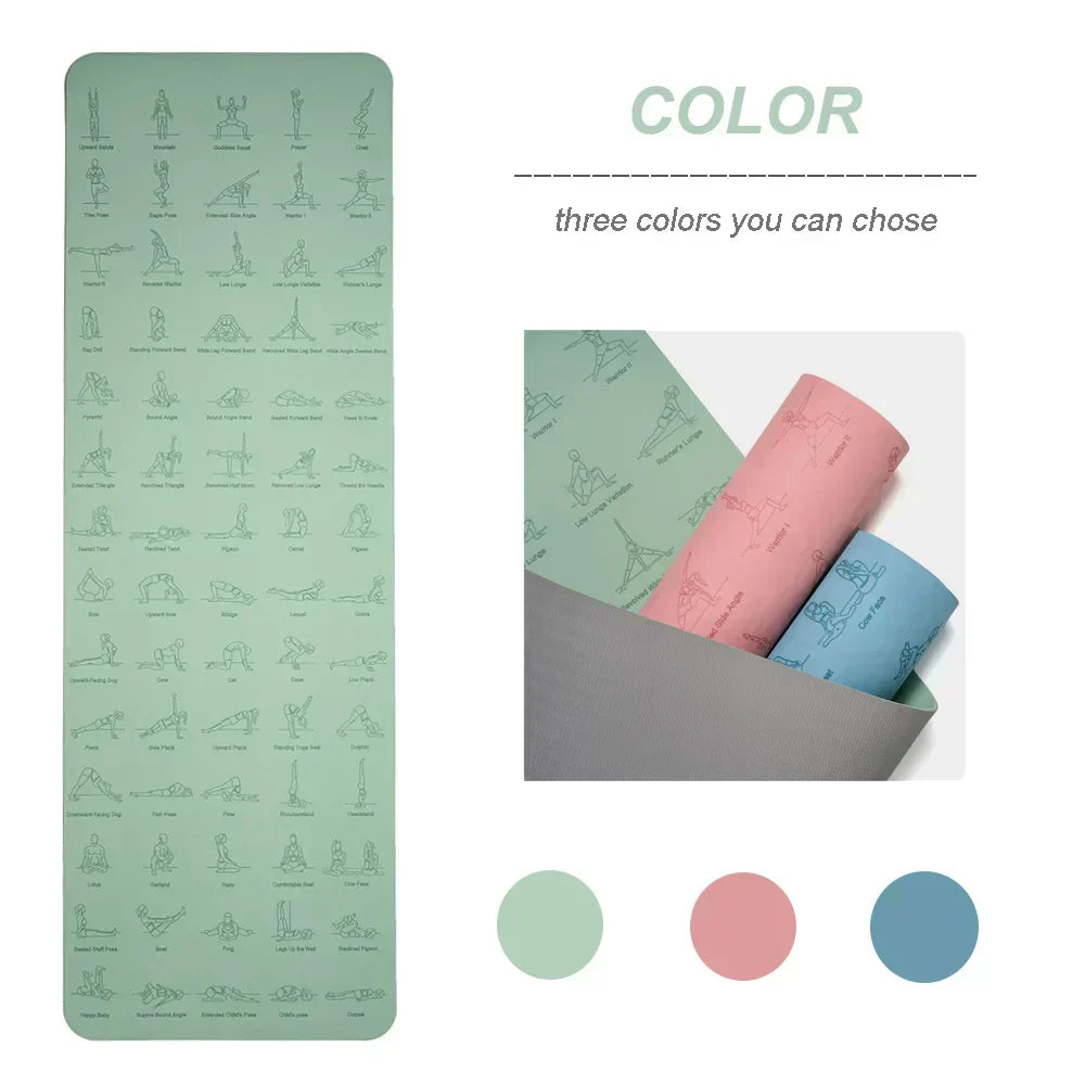 Eco-friendly TPE yoga and fitness mat in green, pink, and blue colors.