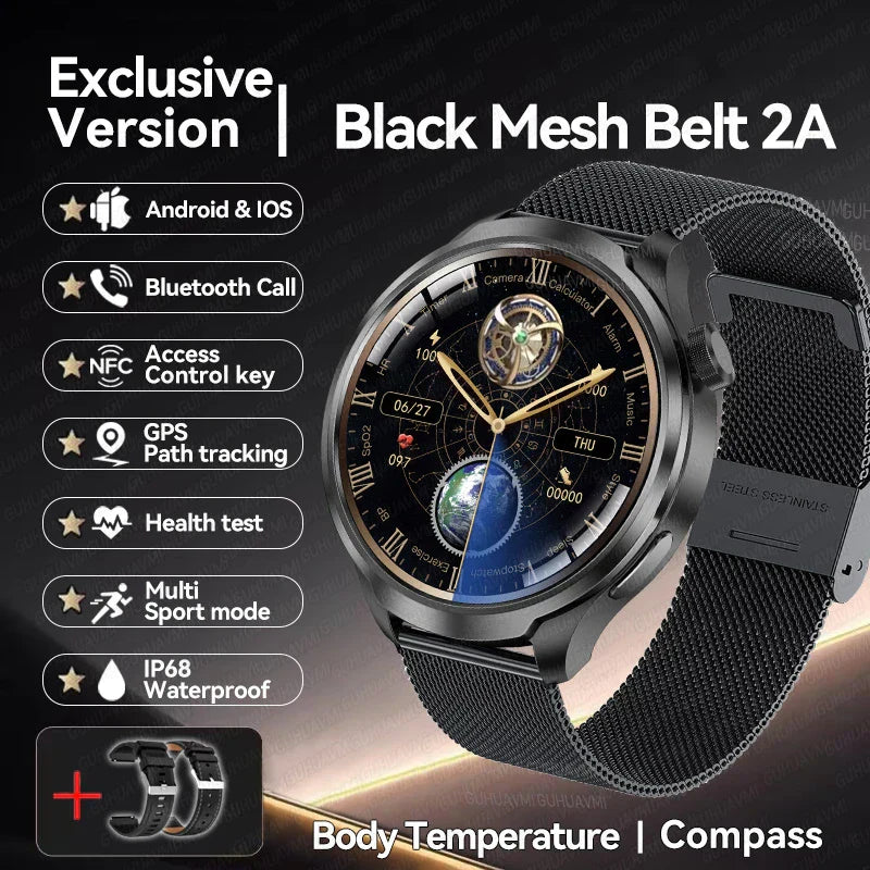 UltraFit Pro 2024 Men's Smartwatch with AMOLED display, NFC, GPS, and health monitoring; black mesh design.
