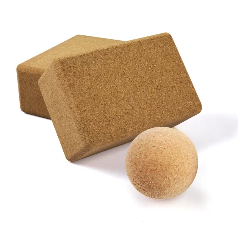 Eco-friendly massage ball and cork yoga block set, 3-piece for muscle recovery and flexibility.
