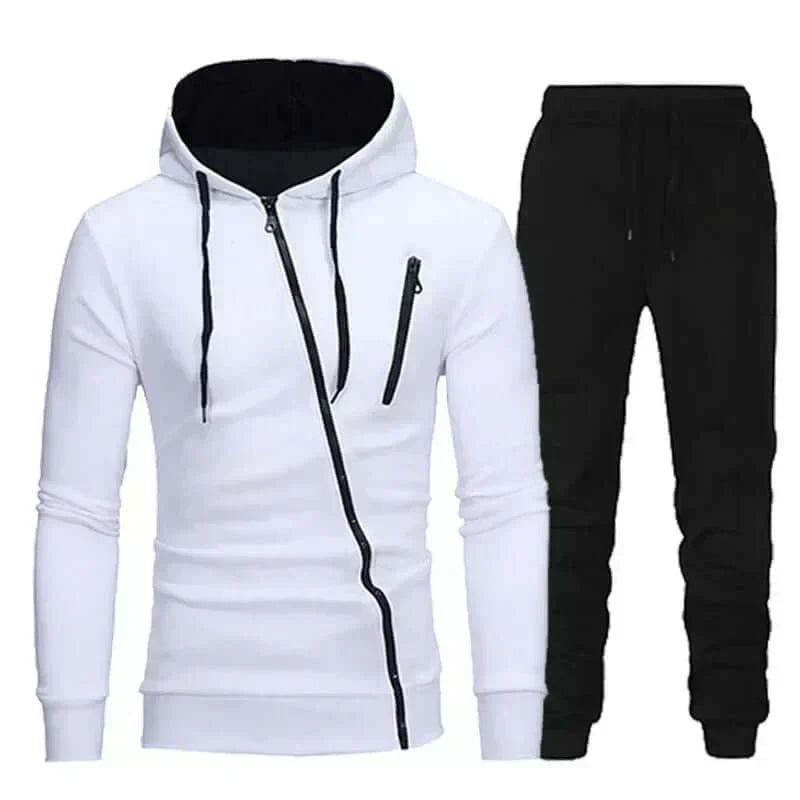 Men’s stylish hooded tracksuit, 2-piece set, white hoodie and black pants, fall/winter fashion.