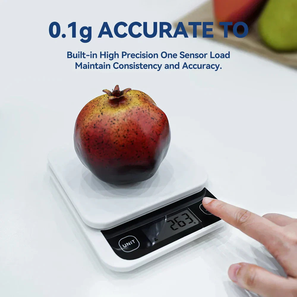 Smart nutrition scale measuring a pomegranate with high precision accuracy.
