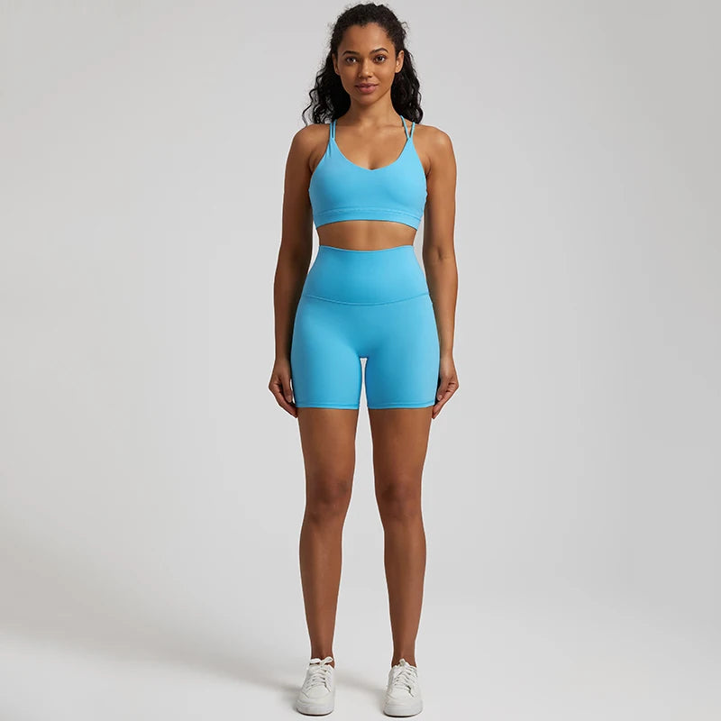 Sky Blue Gym shorts set women high waist bra