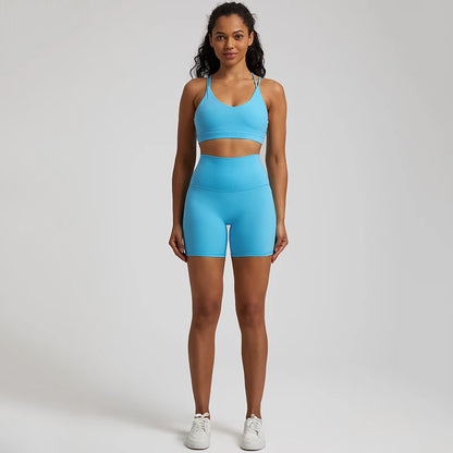 Sky Blue Gym shorts set women high waist bra