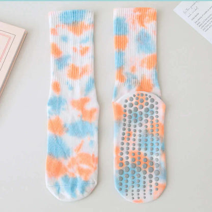 Sky blue Women Cotton Tie-dye Silicone yoga Socks