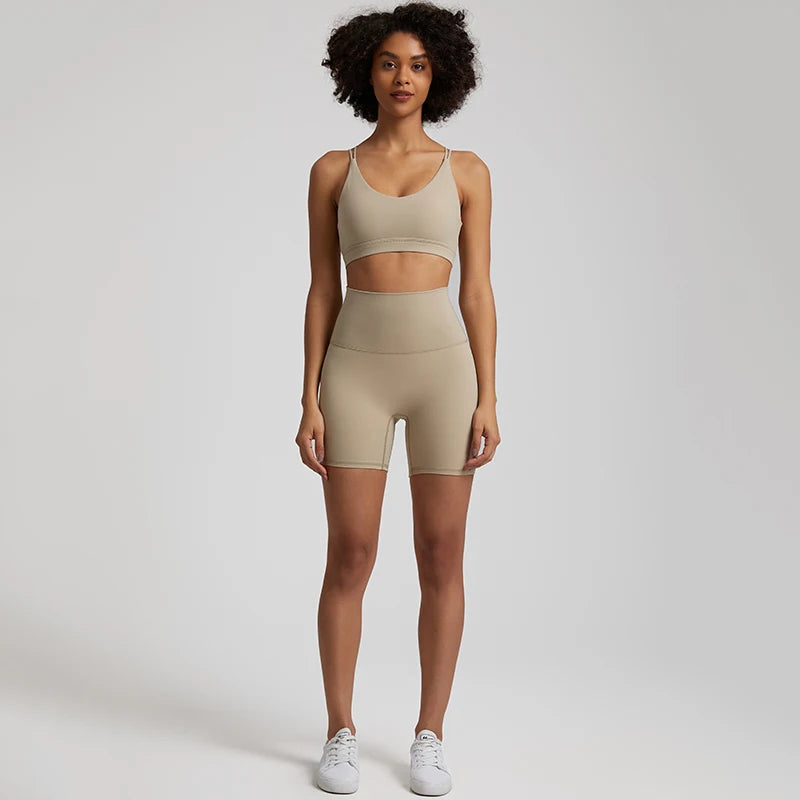 Taupe Gym shorts set women high waist bra