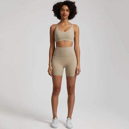 Taupe Gym shorts set women high waist bra
