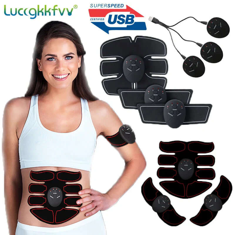 Woman wearing EMS muscle stimulator for abs and arms