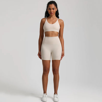 White Gym shorts set women high waist bra