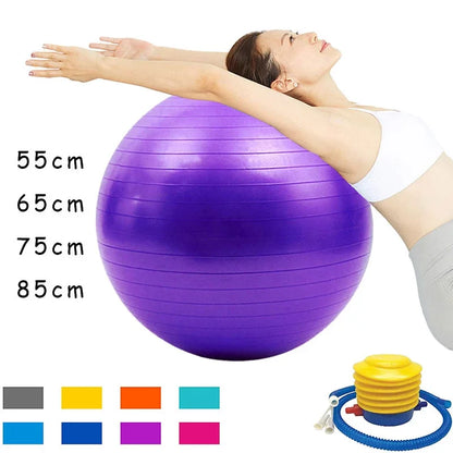 Woman stretching on purple stability exercise balls 