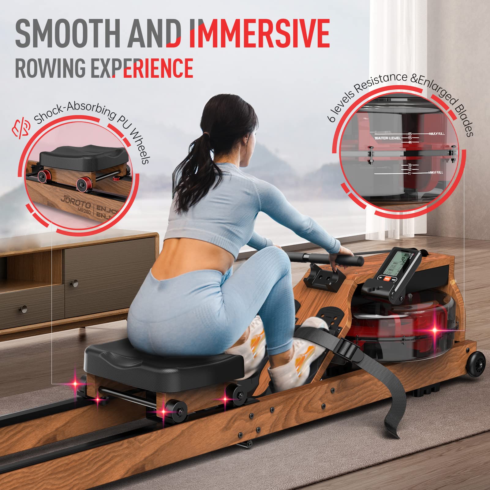 Wooden rowing machine with water tank