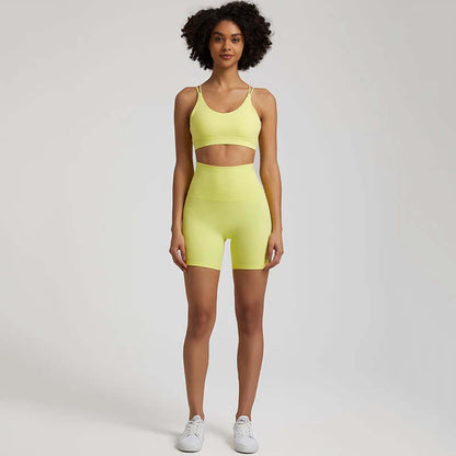 Yellow Gym shorts set women high waist bra