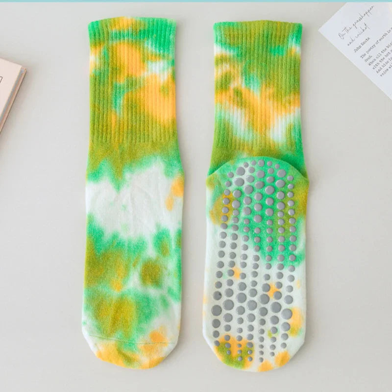 Yellow green yoga socks for women cotton tie-dye silicone socks