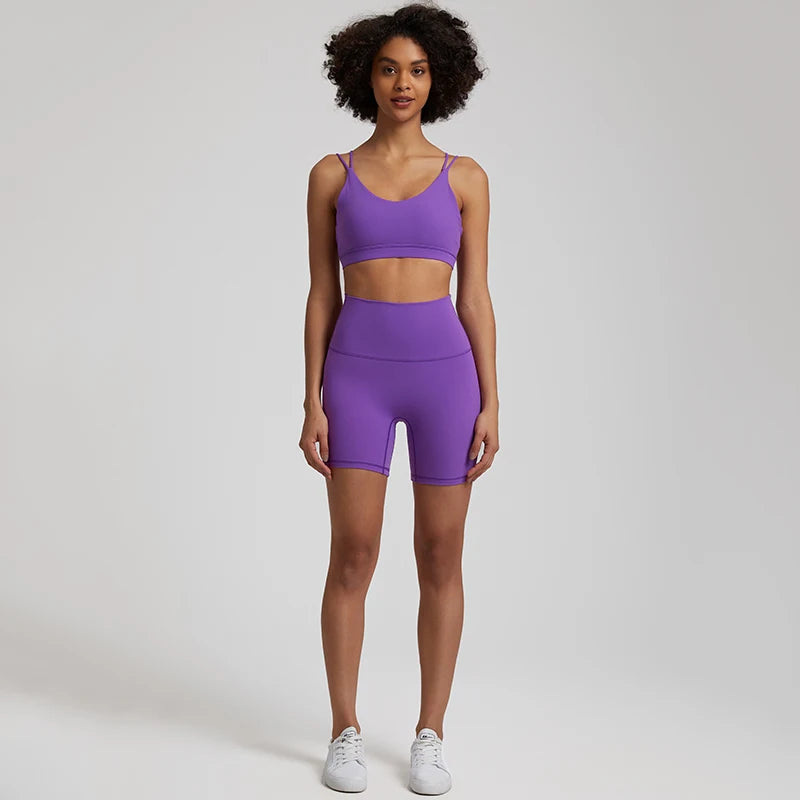 dark purple gym shorts set women high waist bra