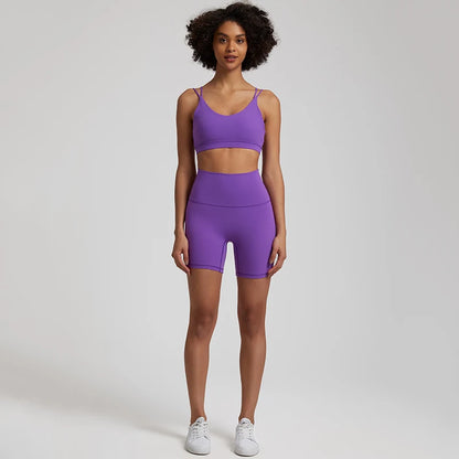 dark purple gym shorts set women high waist bra