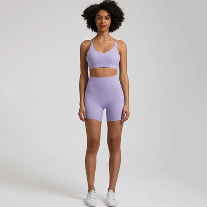 light purple gym shorts set women high waist bra